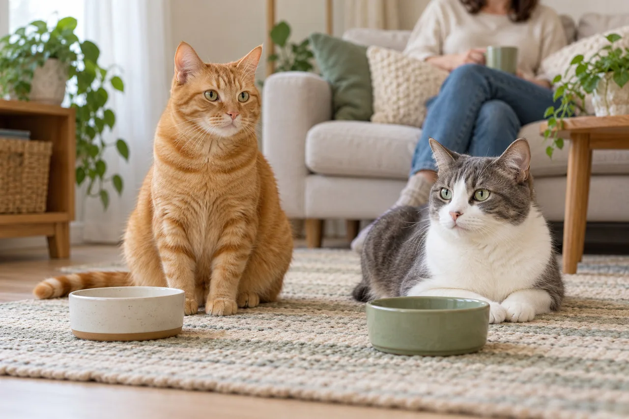 Two cats beside feeding bowls at home